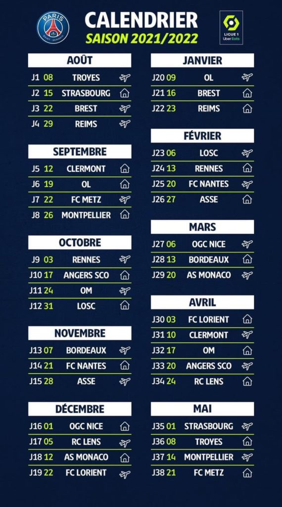 EN IMAGES. Le calendrier complet de la saison de Ligue 1 du PSG